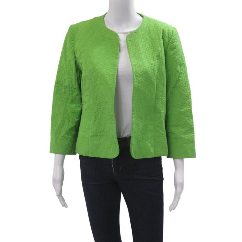 Louben Women Quilted Blazer Green 3/4 Sleeve Round Neck Cotton Blend Size S